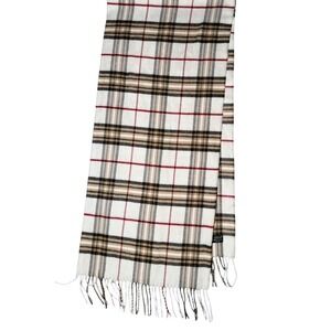 Vintage V Fraas‎ cashmink Classic tartan plaid scarf white brown acrylic preppy